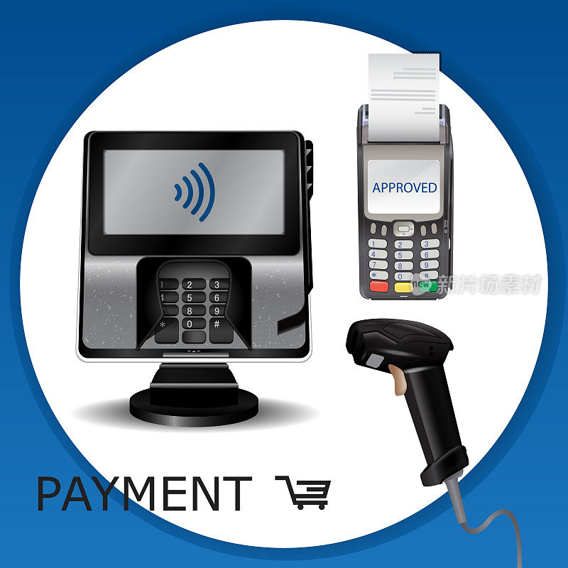 具有显示和pin pad的非接触式支付交易终端。无线支付。POS终端、MSR、EMV、NFC、激光条码扫描仪。向量。